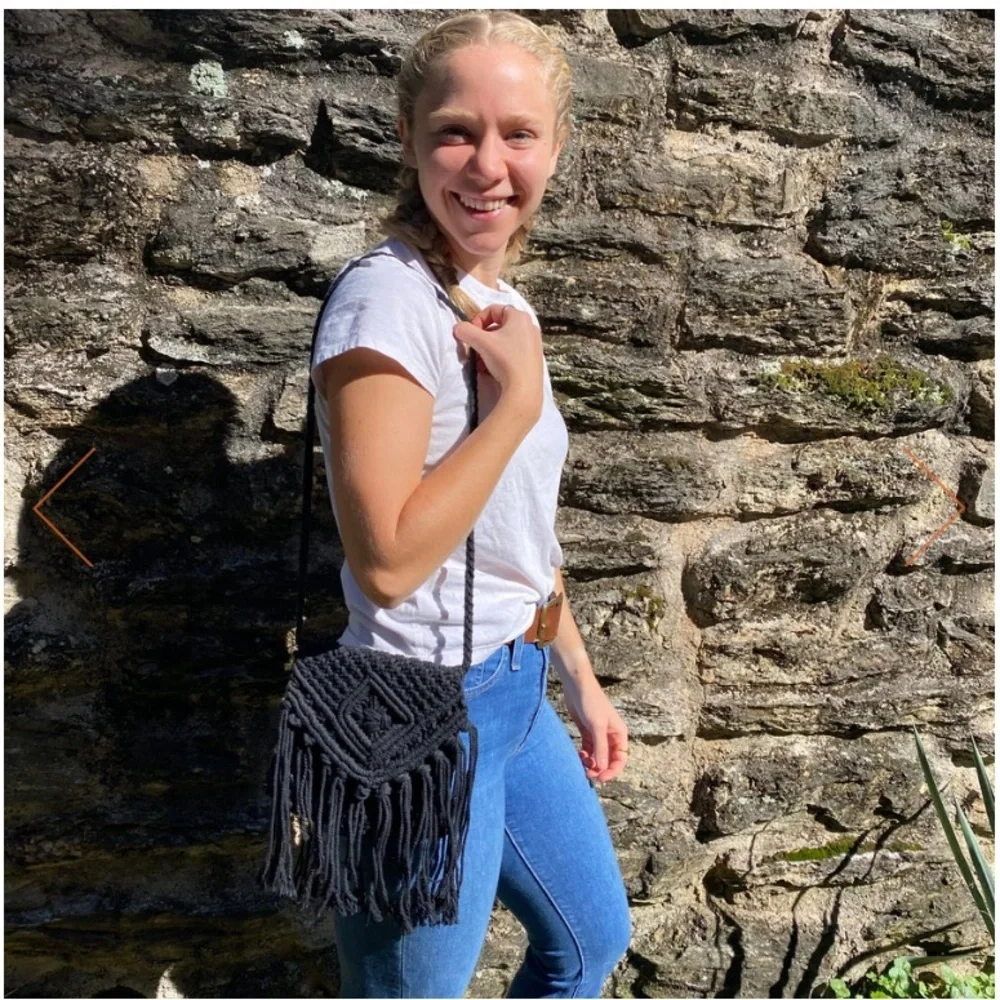 MACRAME SMALL BLACK PURSE WITH FLAP AND FRINGE